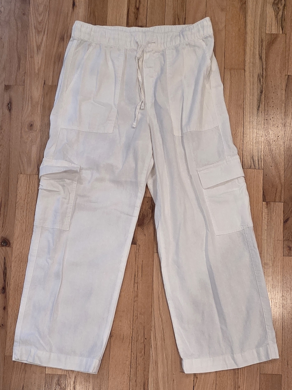 GAP White Cargo Linen Blend Pants with Drawstring Waist